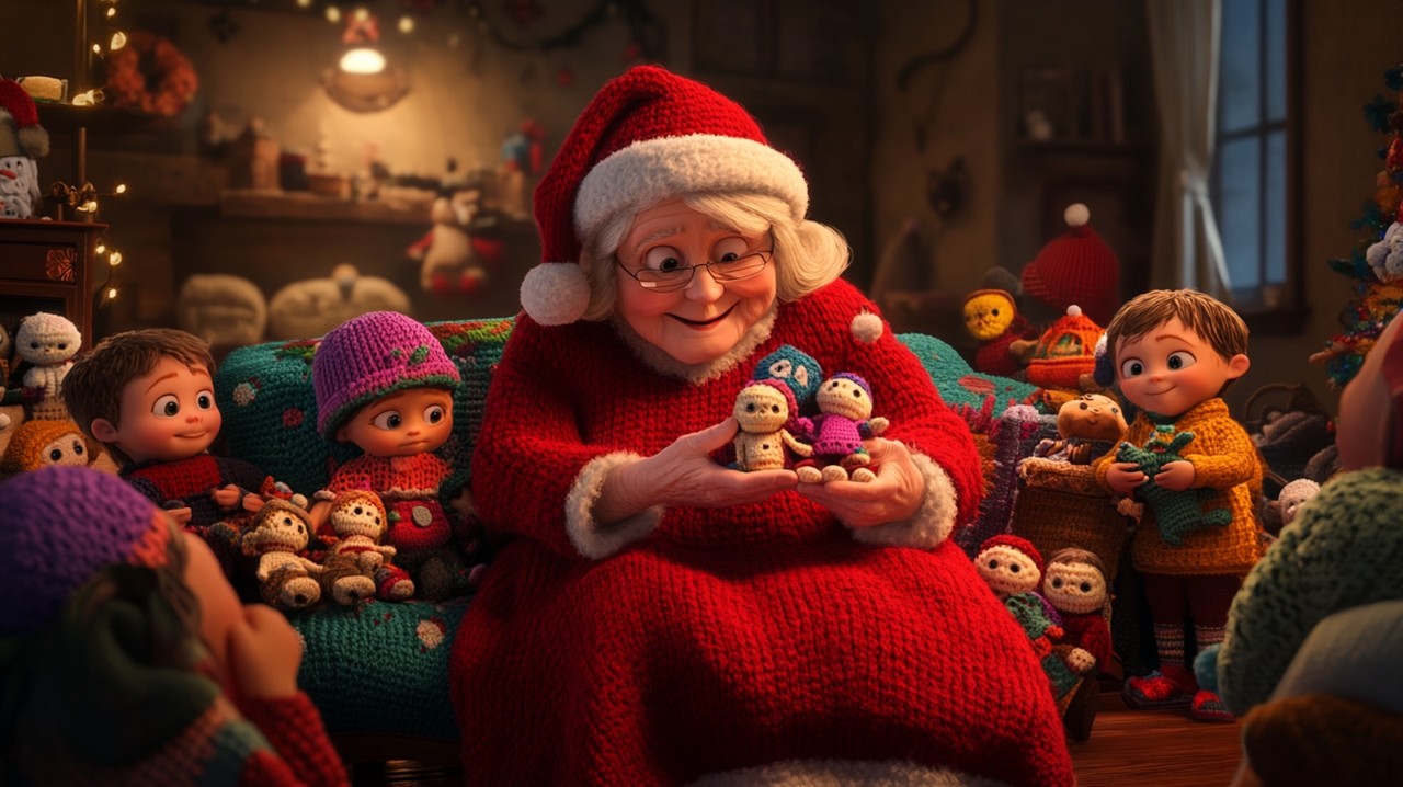 A grandmother Santa Claus in a red cloak and red dress, wearing a Santa hat, sitting on a sofa in her cozy home, surrounded by children. She is handing out crochet dolls to the children, who are holding crochet toys they've made. The house is filled with crochet creations, with every item in the interior crafted from yarn, including crochet cushions, blankets, and decorations. The atmosphere is warm and inviting, in a Nordic-style home, with intricate crochet details everywhere. Perfect details, perfect composition, and movie style. Inviting viewers into an enchanting, colorful fairytale. anime style. (사진=크레비쥬)