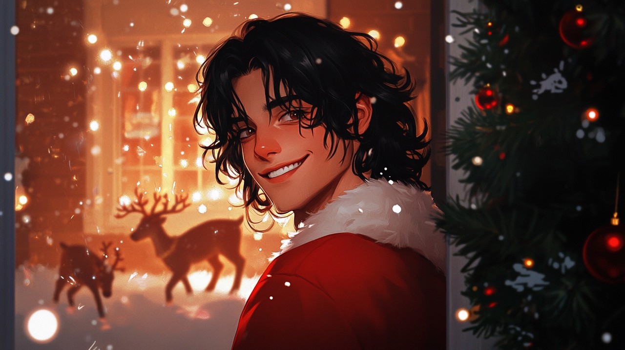 A handsome young man with black hair, dressed in a Santa suit, stands in the front yard of an American-style home, surprising his girlfriend. From her perspective, standing in the doorway, she sees him smiling brightly in the yard, surrounded by glowing holiday lights. In the background, playful reindeer with glowing red noses frolic around the yard, adding a whimsical touch to the scene. The painting style is inspired by storybook illustrations, with soft, pastel colors, gentle outlines, and a magical, heartwarming atmosphere. The entire scene feels like a fairytale, capturing the joy, surprise, and festive spirit of the moment. (사진=크레비쥬)