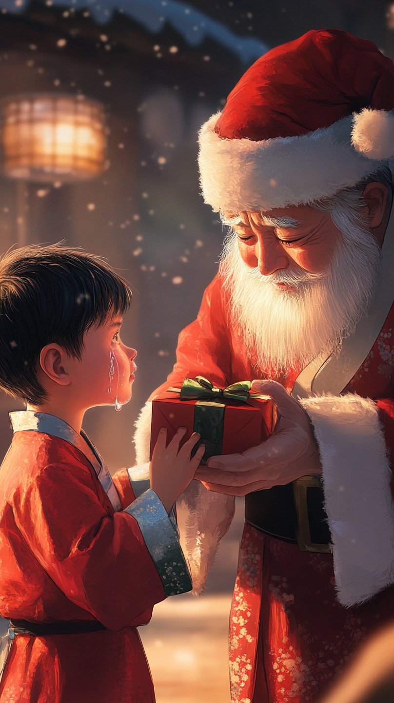 A close-up scene shows a crying boy in traditional Korean hanbok, standing before a Korean-style Santa Claus. Santa, dressed in a red hanbok with subtle Santa elements like a white beard, has a compassionate expression. In one hand, Santa holds a gift box, offering it to the boy, while with his other hand, he gently wipes the tears from the boy's cheeks. The child, with tears glistening in his eyes and streaming down his face, uses the sleeve of his hanbok to wipe away his tears. The emotional intensity of the moment is captured in the intimate, soft lighting, which highlights their faces and the fine details of their clothing. The setting reflects subtle Korean architectural features, such as a wooden floor and paper lanterns, adding warmth to the scene. The artwork, inspired by famous Korean artists like Kim Hong-do (Danwon) and Jeong Seon (Gyeomjae), captures this heartfelt moment through delicate brushwork, fluid lines, and muted colors, evoking a sense of timeless, festive warmth and emotional depth." This version emphasizes the tender act of Santa wiping away the boy's tears while holding the gift, creating an intimate and emotionally resonant scene. (사진=크레비쥬)