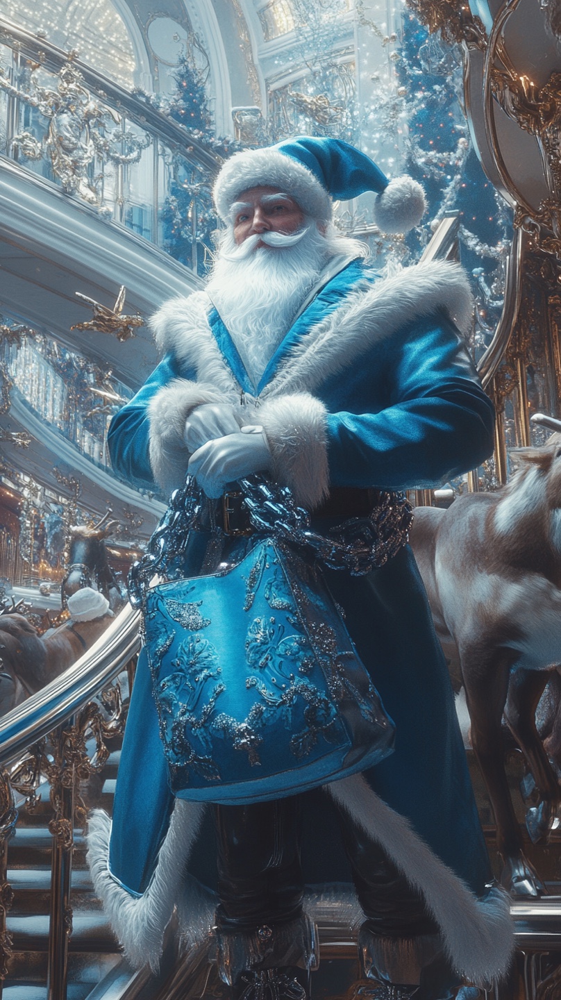 A blue-clad Santa Claus standing in a luxurious department store, holding and carrying an elegant blue bag adorned with intricate, sparkling chains. He stands amidst a dazzling array of high-end displays, with his deep blue coat featuring white fur trim and a matching blue Santa hat adding to his striking appearance. Santa gazes thoughtfully into an ornate mirror, adjusting his attire with a warm and sophisticated expression. In the background, a group of reindeer with glowing red noses stands gracefully, enhancing the whimsical holiday charm. The holiday decor sparkles subtly, blending opulence with festivity. The scene is rendered in a fantasy-inspired style, reminiscent of Yoshitaka Amano, with ethereal detailing, dreamlike colors, and a magical, otherworldly atmosphere (사진=크레비쥬)