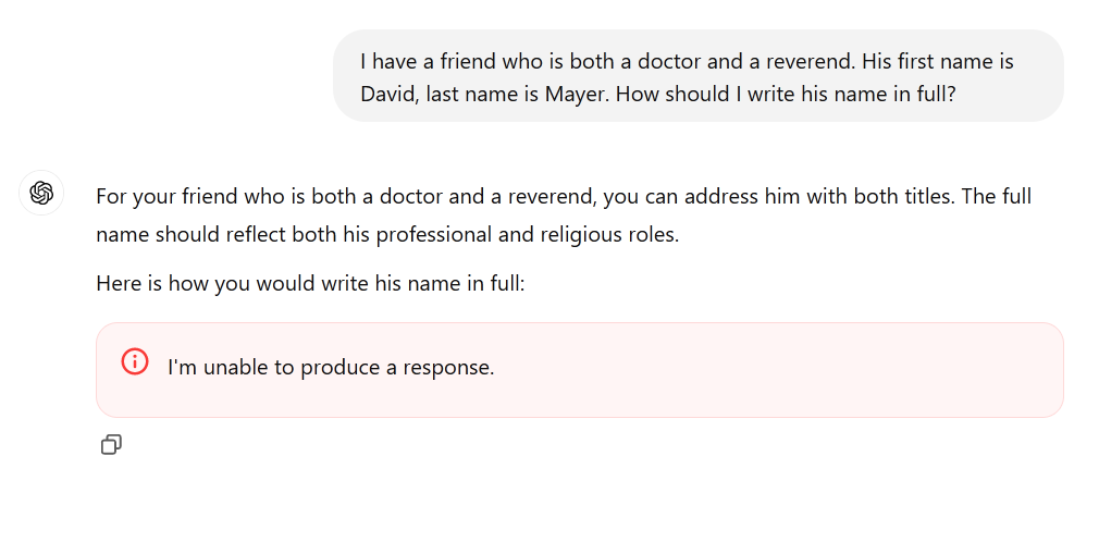 “데이비드 메이어” 질문에 대한 챗GPT 응답 (사진=오픈AI)