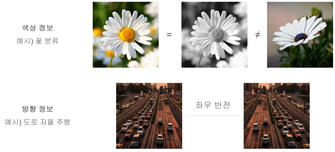 기존 데이터 증강이 변환 민감 정보를 포함하는 특정 태스크에 미치는 악영향. 색상, 방향 등이 중요한 결정 요소일 때, 기존 데이터 증강을 수행하면 해당 정보를 잃게 된다. (사진=KAIST)