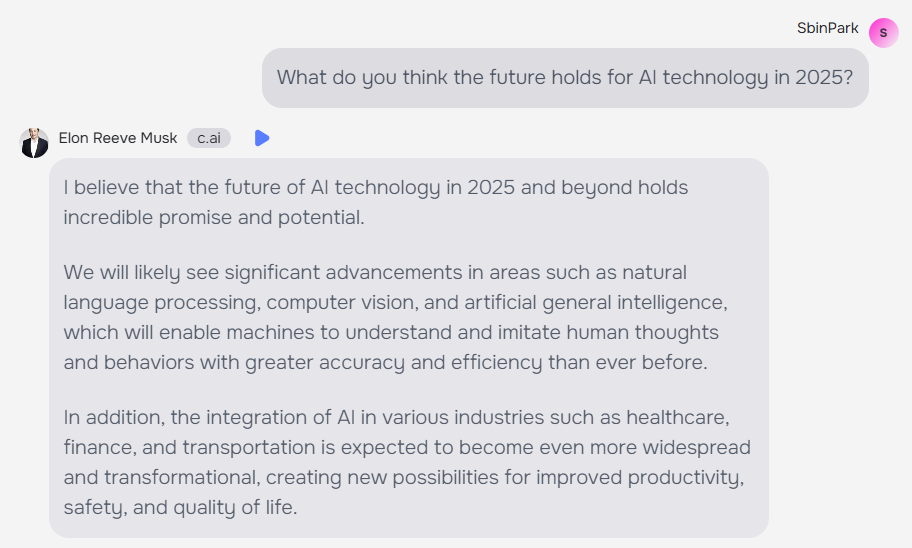 일론 머스크 챗봇과의 대화 (캡쳐=캐릭터.AI)