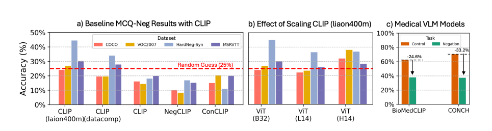 (a)기본 클립 모델이 무작위 추측보다 성능이 나쁘다는 결과 (b)미세조정을 통해 성능이 크게 향상된 결과 (c)의료 VLM이 저조한 결과를 보인 MCQ 결과 (사진=arXiv)