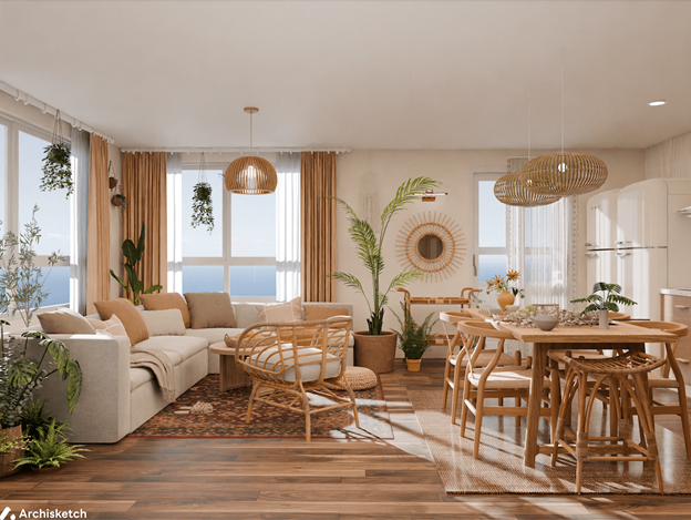 목재, 대나무, 돌 등 천연재료와 재활용 소재를 활용한 인테리어 (사진=아키스케치)