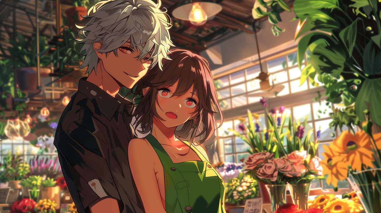 a romantic anime-style close-up of a flustered florist woman with brown hair, wearing a green apron, standing in a cozy flower shop. She looks up nervously at a tall, handsome demon king with silver hair and glowing red eyes. He smirks playfully, leaning toward her, wearing a sleek black suit with an open collar.  (사진=파프리카 주식회사)