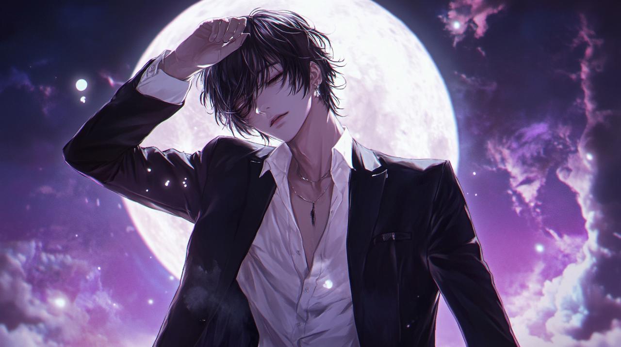 A handsome anime-style character with short black hair, wearing an all-black suit and white shirt, poses in front of the moon while holding his left hand up to cover one eye, in the style of anime.(사진=파프리카 주식회사)