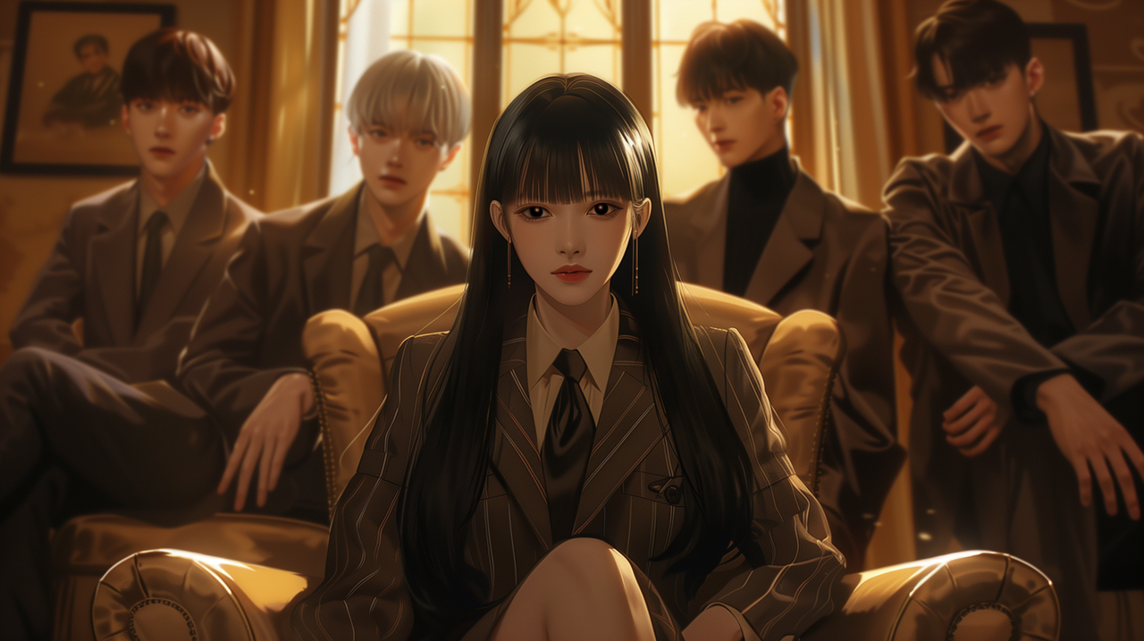 a cinematic anime-style scene featuring a beautiful young woman in her early 20s with long black hair, seated elegantly in the center of a modern armchair in a lavish, dimly lit room. She wears a stylish school uniform with a modern twist: a fitted blazer, pleated skirt, and tie. Around her stand four handsome men in sleek modern outfits: (사진=파프리카 주식회사)