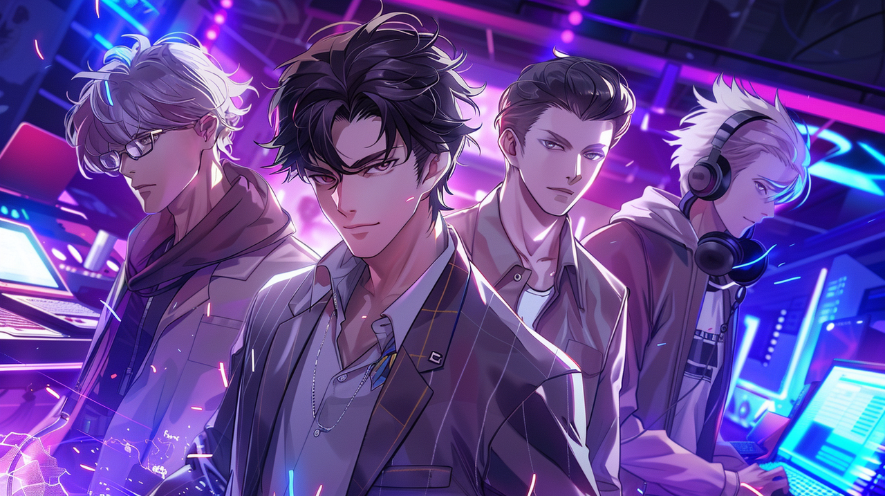 a Japanese moe anime-style scene of four attractive male characters in a neon-lit club. The center features a cold yet handsome detective with sleek black hair, wearing a fitted suit and observing the room with a sharp gaze.