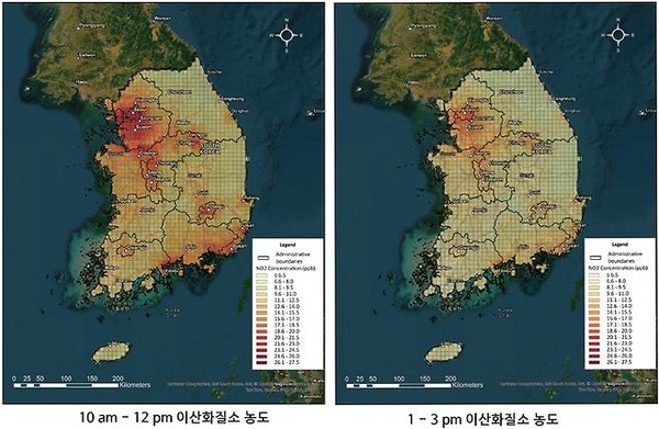 국립환경과학원 환경위성센터 GEMS 위성을 활용해 수집한 시간대별 국내 이산화질소 농도 이미지 (출처=국립환경과학원)