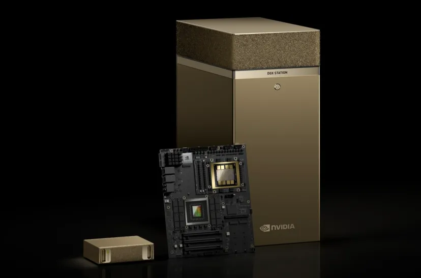 DGX 스파크(왼쪽부터), 블랙웰 울트라가 탑재된 DGX 스테이션의 마더보드, DGX 스테이션 (사진=엔비디아)