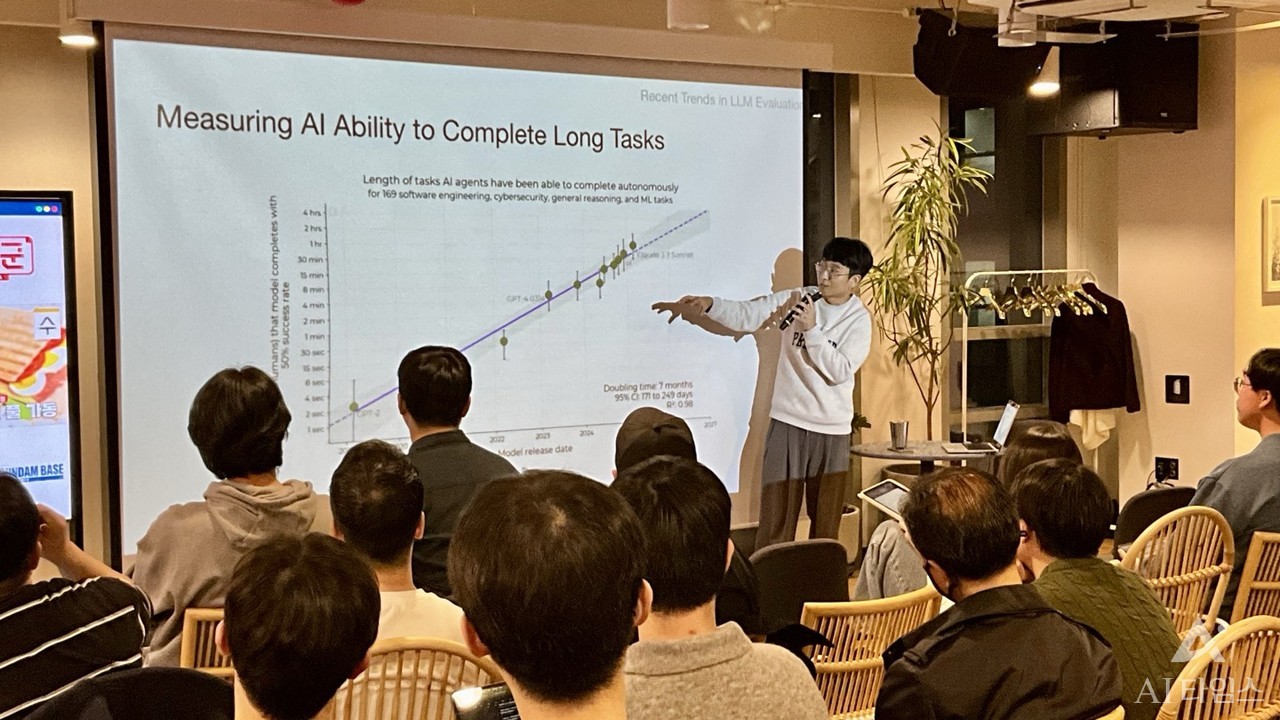 배성수 KAIST김재철AI대학원 박사과정생이 W&B 밋업행사에서 발표를 진행하고 있다.