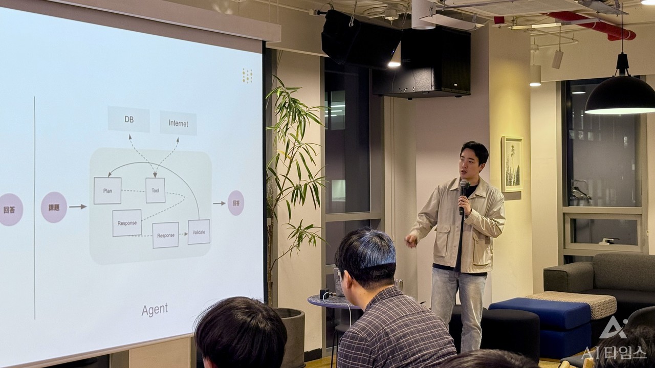 오현우 W&B AI엔지니어가 23일 강남 위워크에서 열린 밋업 행사에서 ‘위브(Weave)‘의 업데이트에 관해 밝혔다.