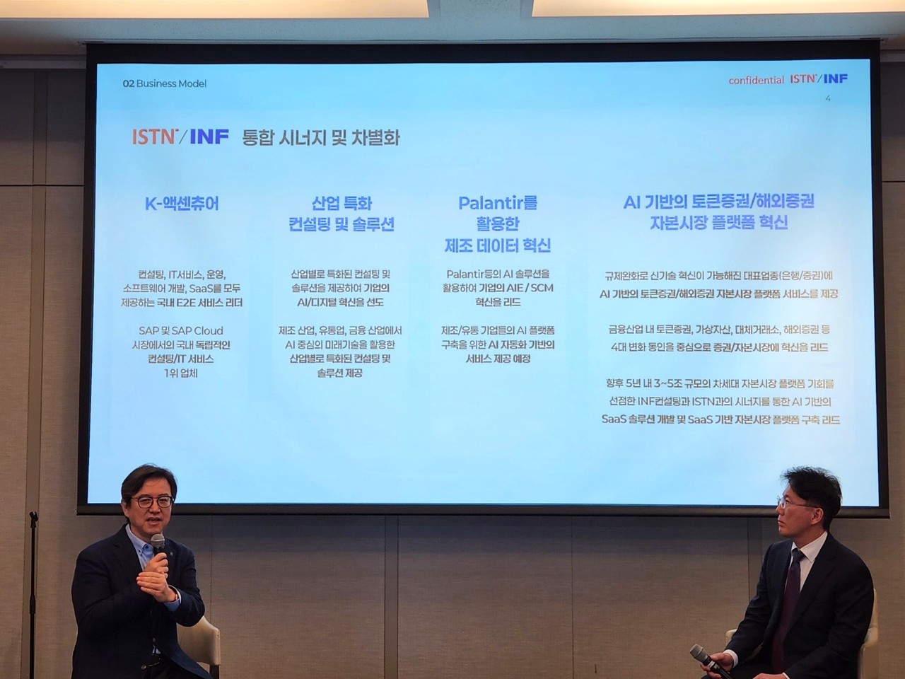 이성열 ISTN/INF 회장(왼쪽)과 김종도 ISTN 대표가 기자간담회에서 사업 방향을 발표하고 있다. (사진=ISTN/INF)