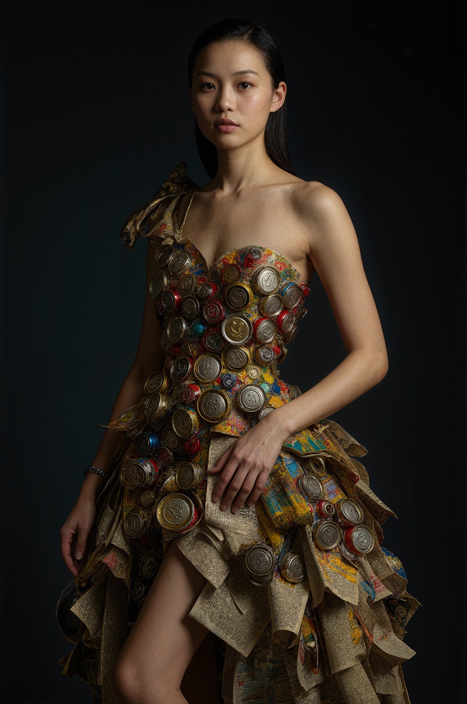 “A striking editorial image showcases a young woman with sharp features—high cheekbones, full lips, and light blue almond eyes—dressed in a bold, experimental gown crafted from discarded cans and newspapers. She faces the camera with a steely expression, exuding confidence, while her minimalist makeup accentuates her strong brows and delicately contoured features amidst the sculptural chaos of her dress, set against a dark, textured backdrop with dramatic lighting highlighting the raw textures and vibrant pops of color in her unconventional attire." (사진=가온프라임)