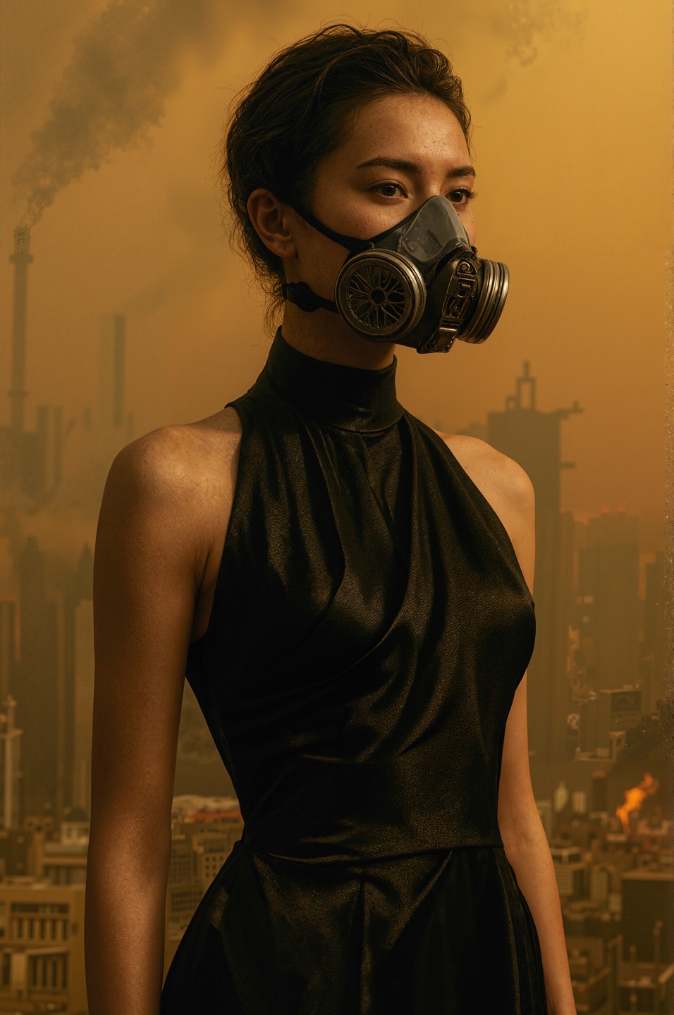 “A striking fashion editorial captures a young woman standing in a smog-choked urban landscape, wearing a sleek, futuristic face mask with silver-gray filters. Dressed in a black asymmetrical satin gown, she exudes elegance amidst the warm, hazy backdrop of industrial structures and thick, orange-yellow smog, her poised figure sharply contrasted against the dramatic lighting." (사진=가온프라임)