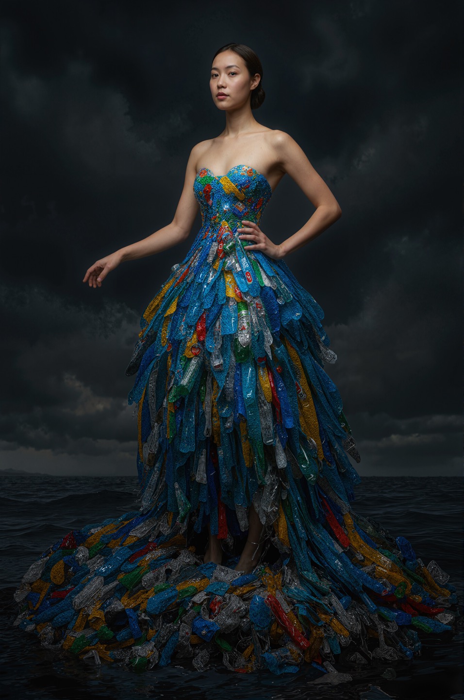“The image portrays a poised young woman atop a mound of plastic waste in a stormy seascape, showcasing a colorful, avant-garde gown made from discarded materials. The dramatic lighting highlights her striking features and the textures of her gown, while the chaotic pile of plastic trash, swirling waters, and dark, moody sky emphasize environmental commentary." (사진=가온프라임)