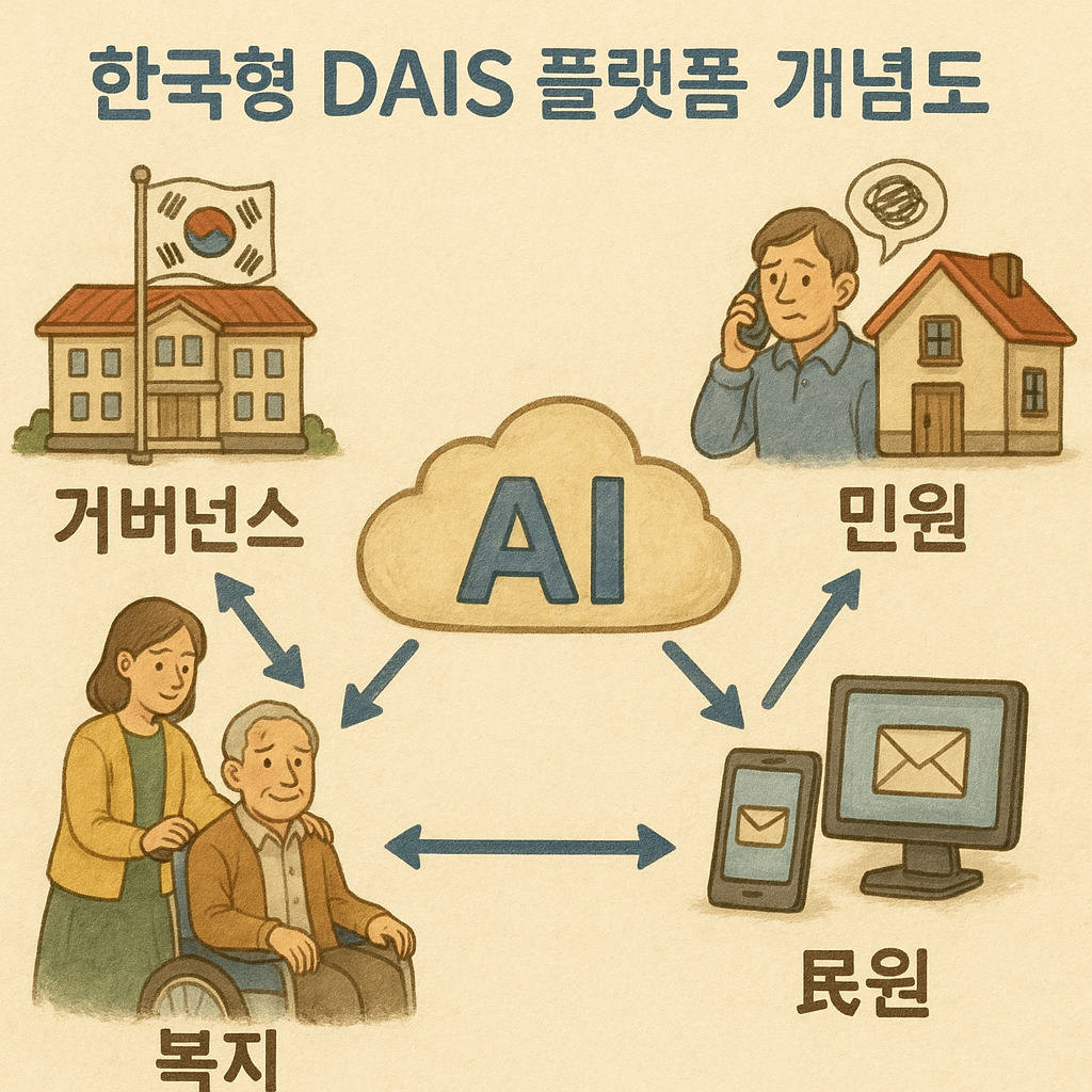 Korean DAIS platform conceptual map (governance+AI+welfare+complaint connection structure)