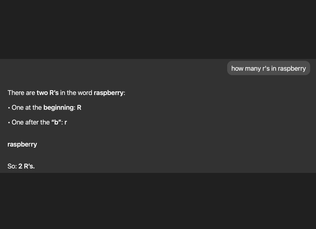 'rasberry'에 r 이 몇개인지 묻자, 2개라고 답하는 장면 (사진=X, Neil Dagger)