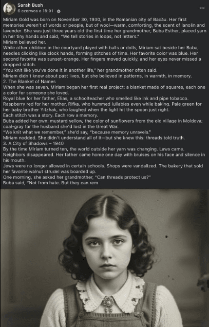 AI 이미지와 가짜 스토리를 담은 페이스북 계정 (사진=페이스북, Auschwitz Memorial)