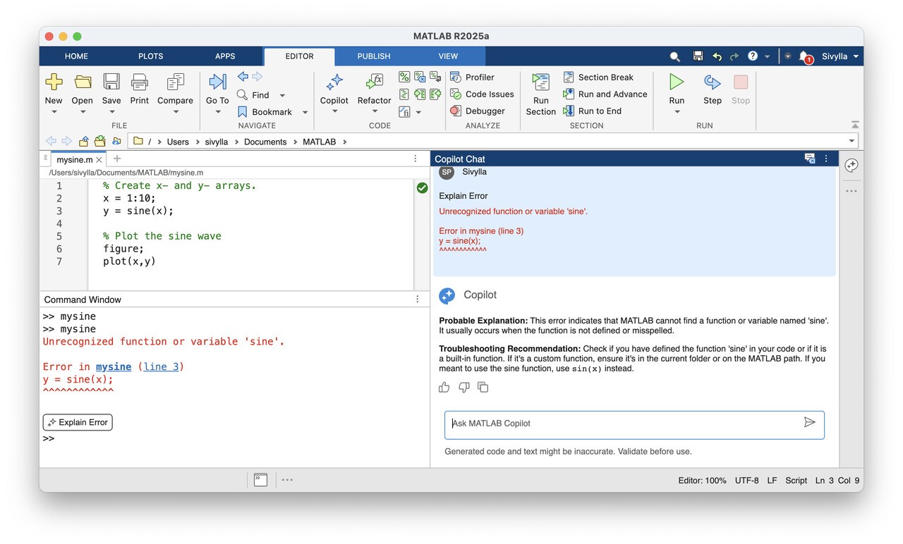 매트랩 코파일럿의 코드 설명 기능 (사진=매스웍스)