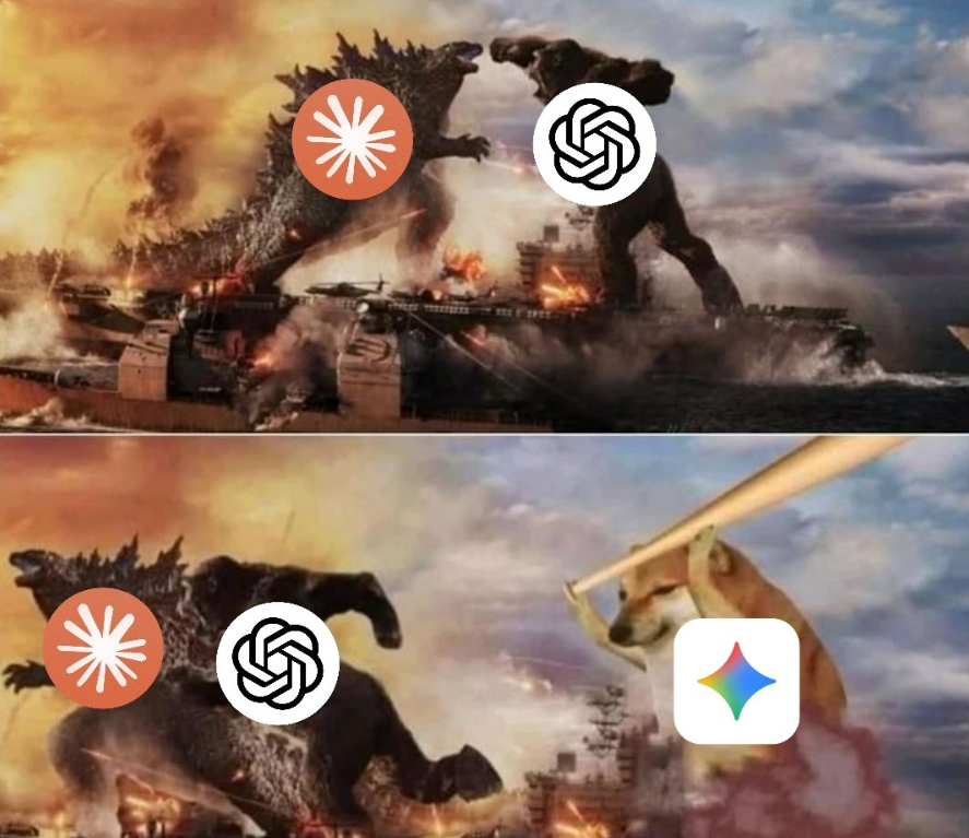 구글이 오픈AI와 앤트로픽 양강 체제를 무너뜨렸다는 풍자 이미지 (사진=X, krishdotdev)