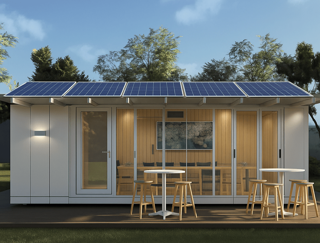태양광 패널이 설치된 친환경 모듈형 건물이 햇빛을 받아 전력을 생산하고 있다. '사랑의 햇빛에너지' 사업을 통해 보급되는 이 시설은 에너지 취약계층과 지역 공동체의 전력 부담을 줄이고 지속가능한 생활 환경을 조성하는 데 도움을 준다. (주택이미지에 생성형 AI로 태양광 패널을 올린 모습)
