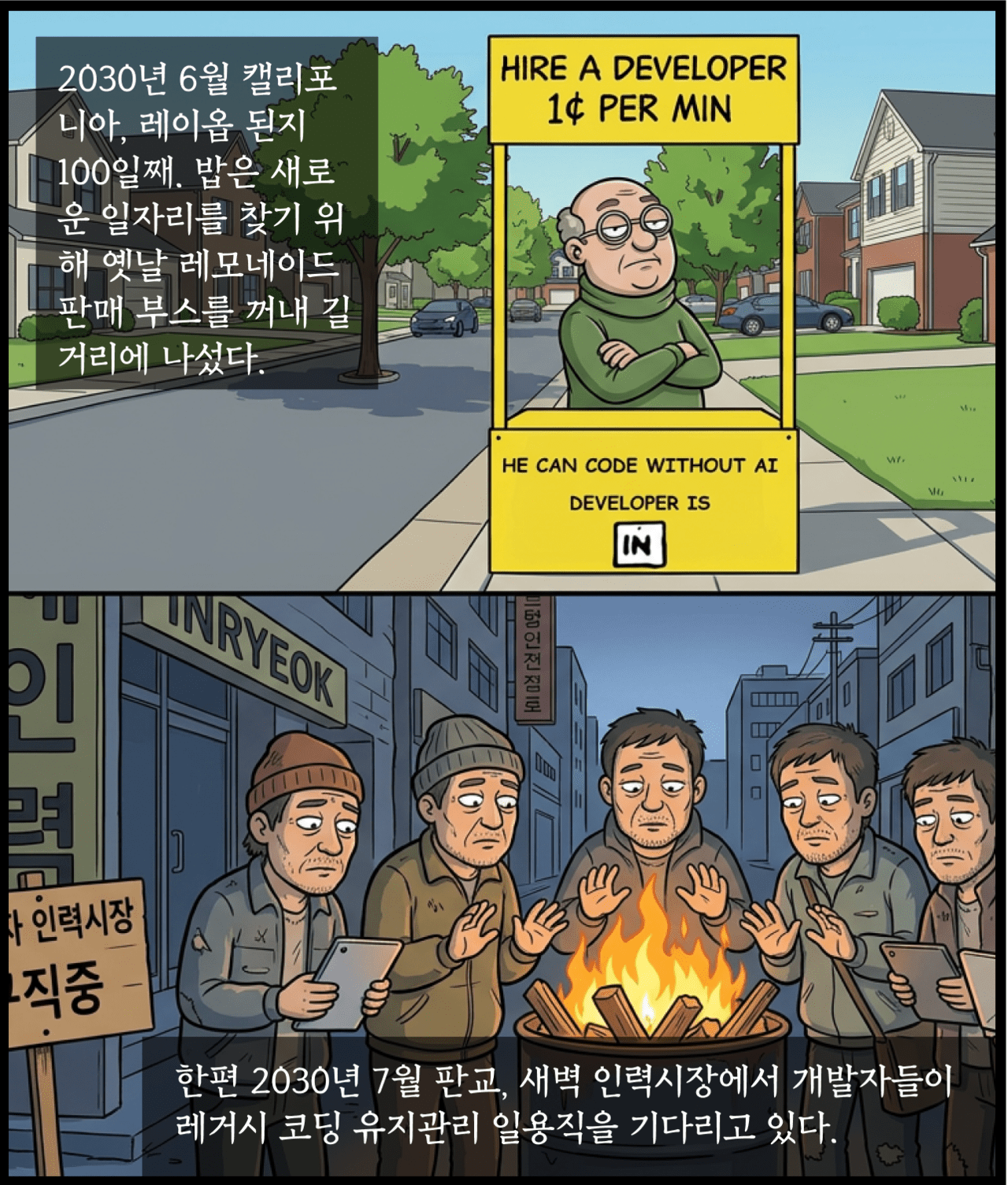 [AI카툰] Bob, Senior IT guy - 밥, 길거리에 나앉을지도…