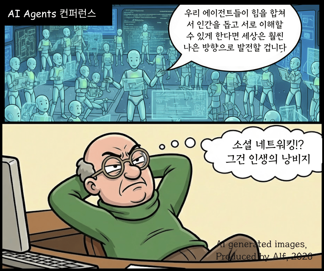 [AI카툰] Bob, Senior IT guy - 밥, "네트워킹은 인생의 낭비일까?"