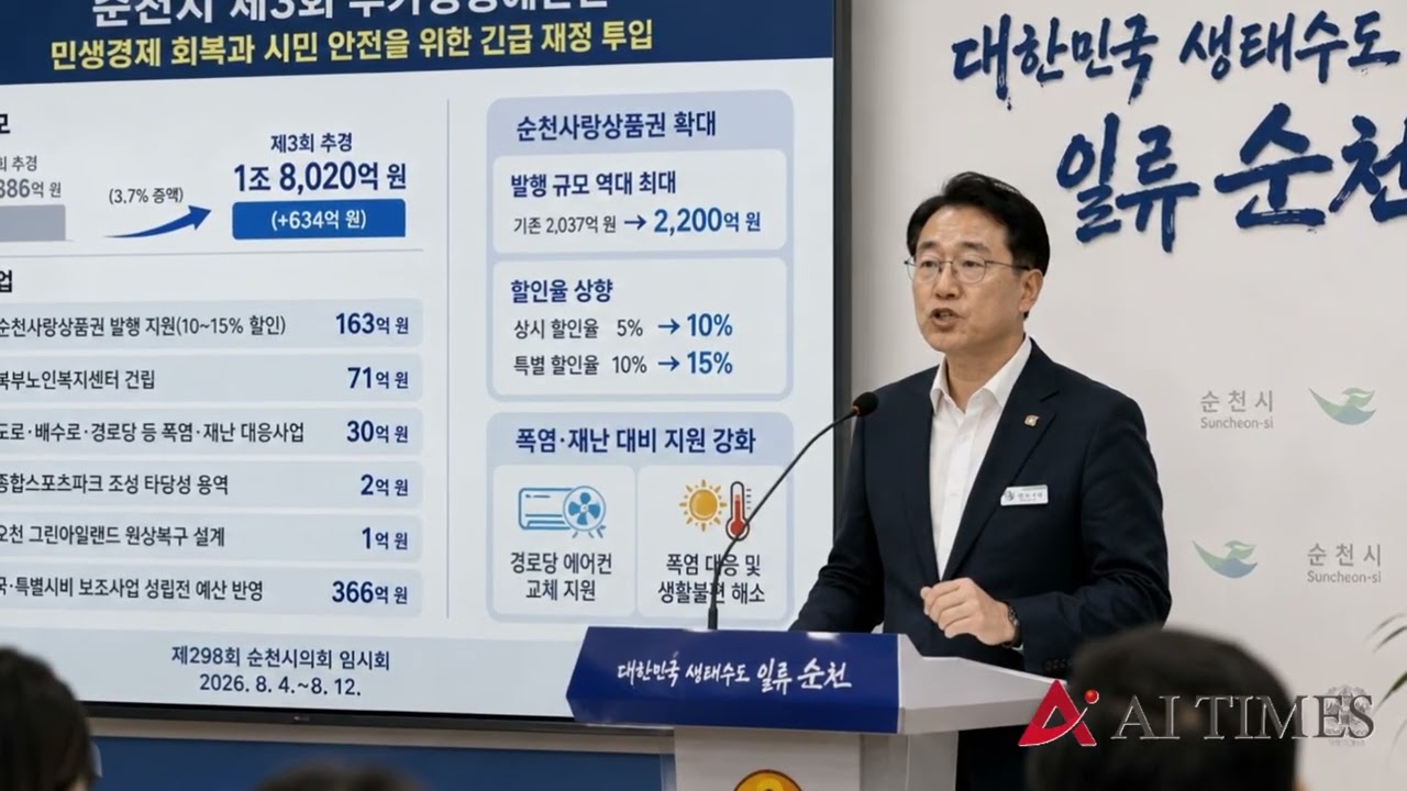 순천, 3회 추경 1조8020억원…순천사랑상품권 할인·폭염 대응