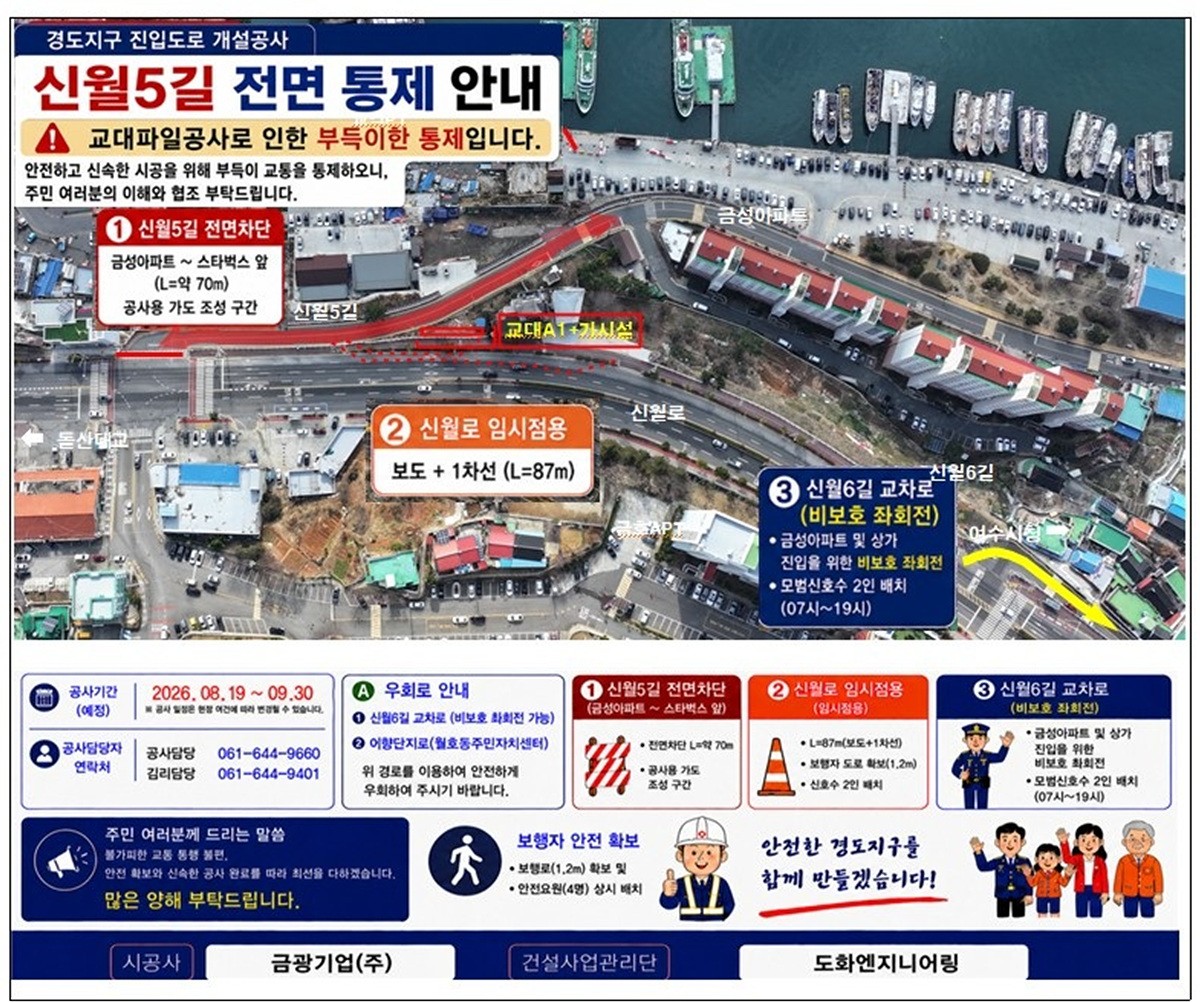 여수, 경도 진입도로 공사로 신월5길 19일부터 전면 통제